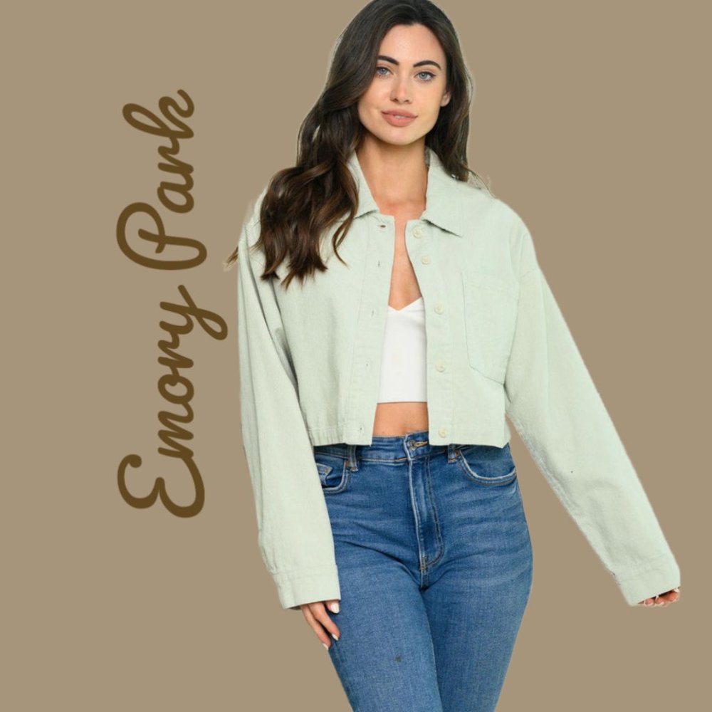 NWT Emory Park Long Sleeve Cropped Corduroy Button Up Jacket Sage